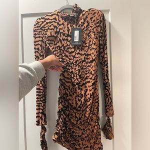 Nude animal print flocked long sleeve high neck bodycon dress